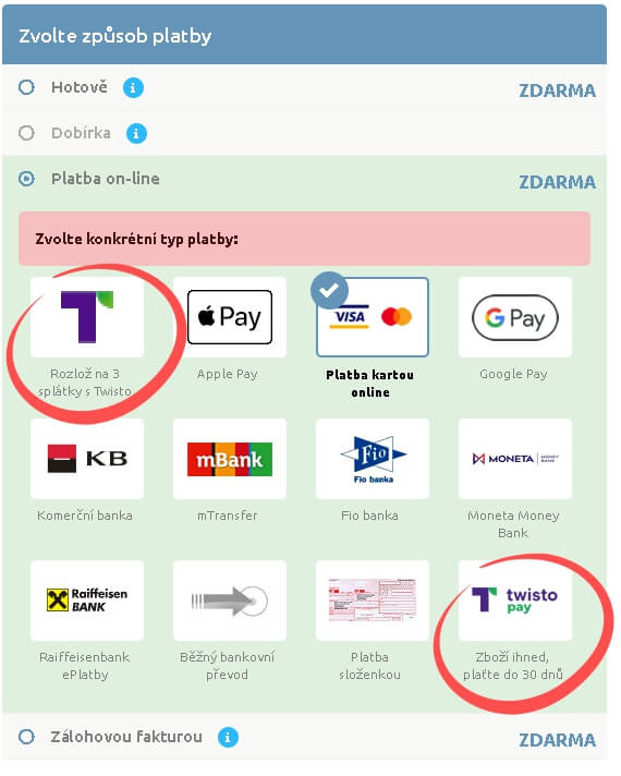 Volba způsobu platby - Twisto Nákup na třetiny a Twisto Pay Platba do 30 dnů