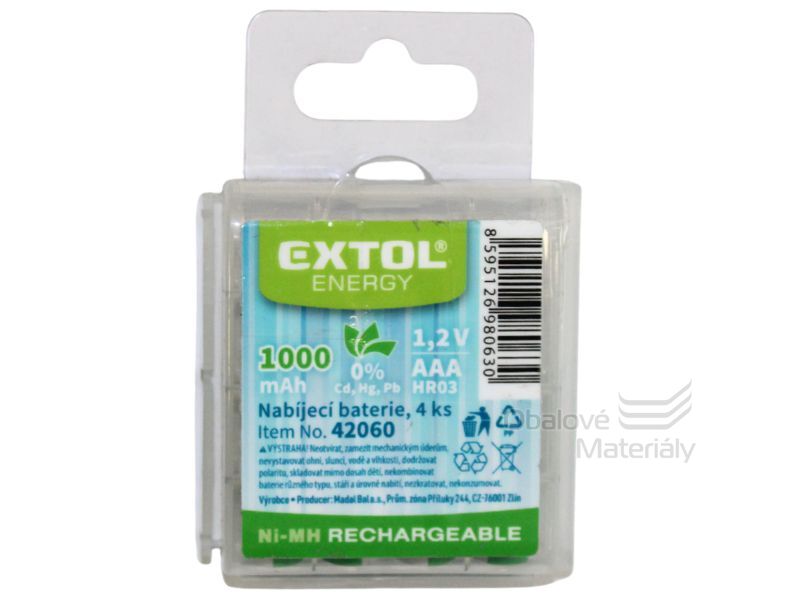 Baterie nabíjecí, 4 ks, AAA (HR03), 1,2V, 1000mAh, NiMh, Extol 42060