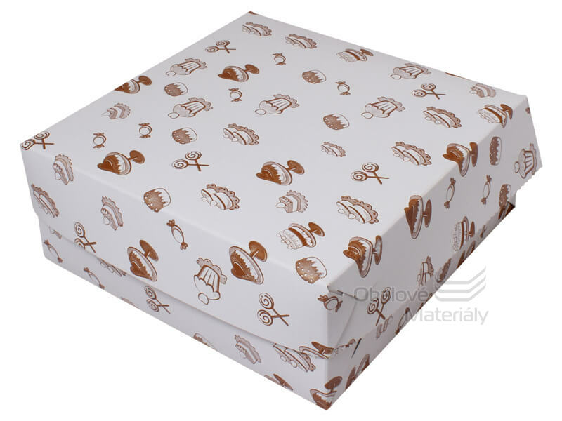 Papírová dortová krabice 220*220*90 mm, bílá s hnědým motivem cukrovinek