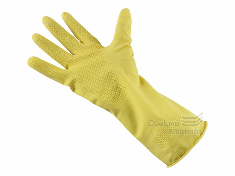 Žluté latexové úklidové rukavice s protiskluzovou úpravou dlaně a prstů, různé velikosti