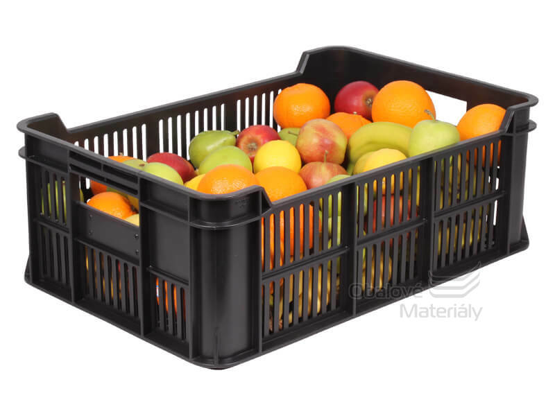 Černá plastová přepravka s ovocem vhodná také na zeleninu a brambory