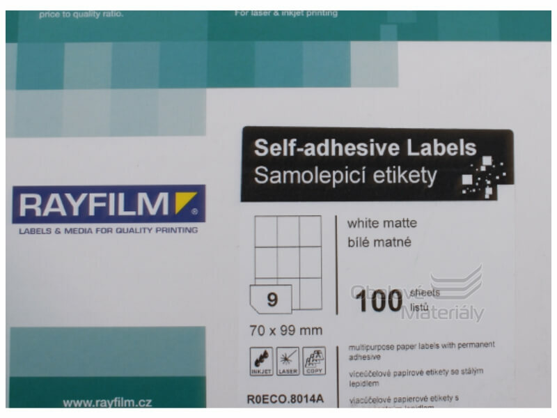 Samolepící etikety Rayfilm 70*99 mm, 9et./A4, 100 archů