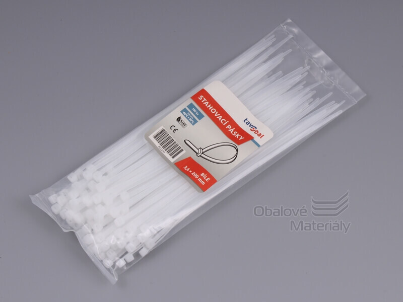 Stahovací pásky bílé 3,6*200 mm, balení 100 ks