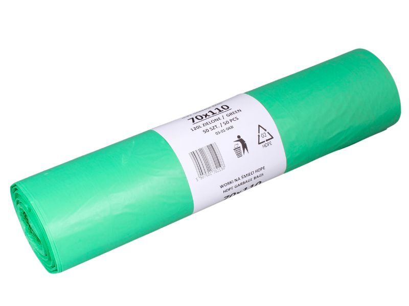 Levně Odpadkové pytle HDPE 120 l, 70*110 cm, zelené, role 50 ks
