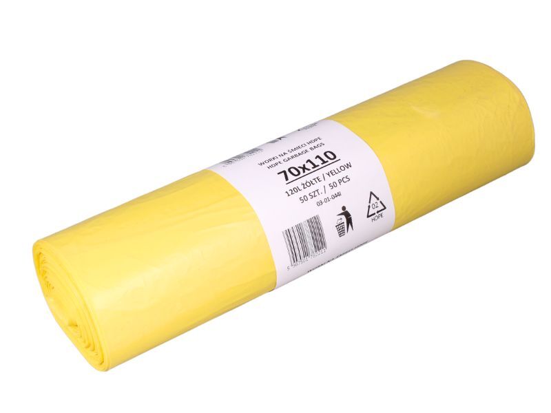 Levně Odpadkové pytle HDPE 120 l, 70*110 cm, žluté, role 50 ks