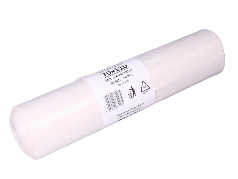 Levně Odpadkové pytle HDPE 120 l, 70*110 cm, transparentní, role 50 ks