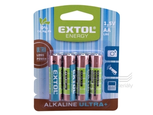 Baterie alkalické, 4 ks, 1,5V AA (LR6), tužkové Extol 42011