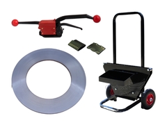 Sada ocelové vázací pásky, kovových spon, páskovače a odvíječe